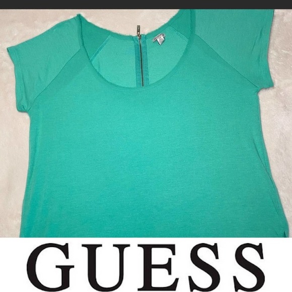 Guess Teal Top Blouse Zipper Closure On Back, Size Large LINEN Bottom* - Picture 3 of 8